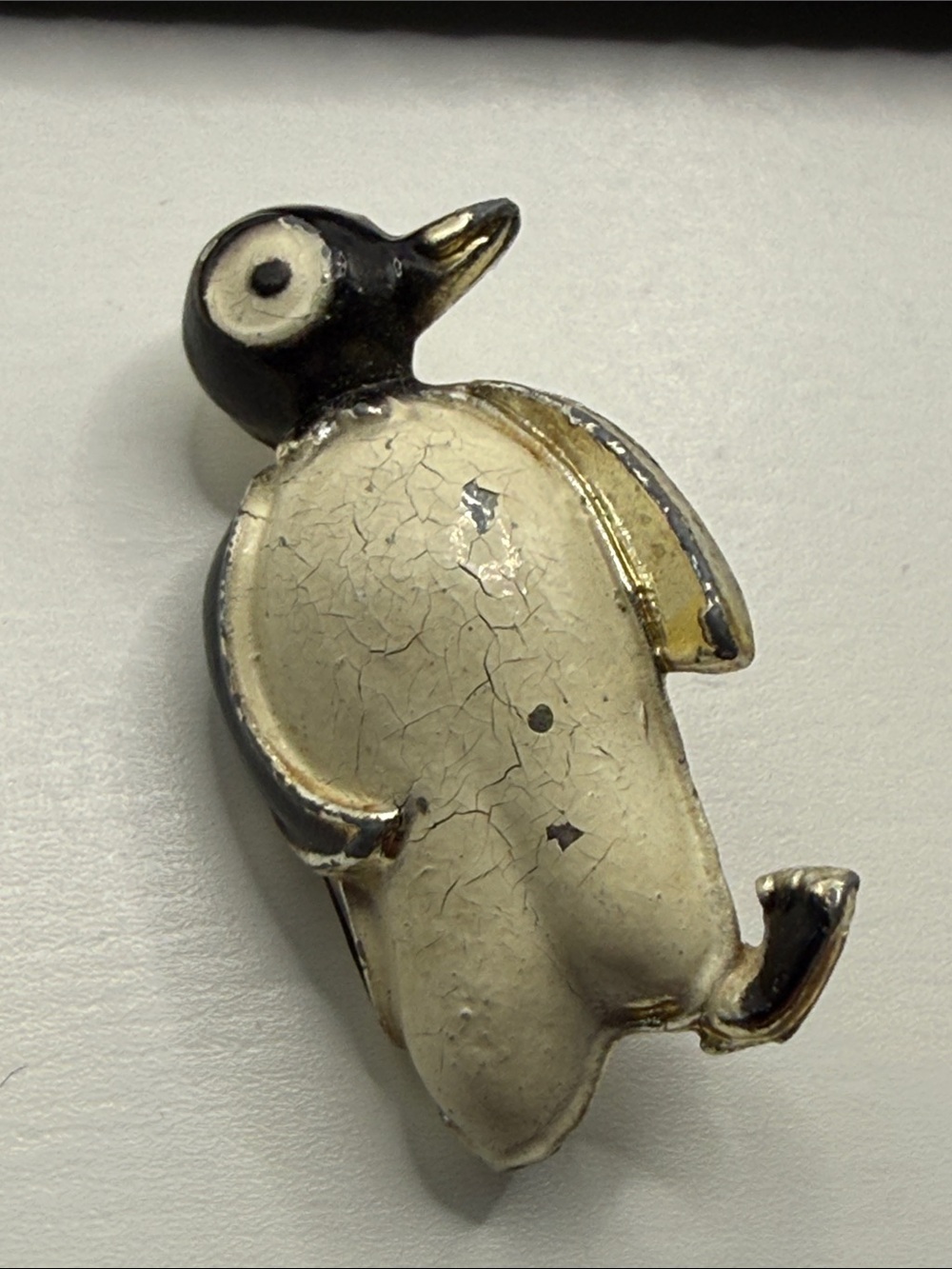 Vintage craft rehab enamel metal Penguin Brooch - Cream & Black distressed pin